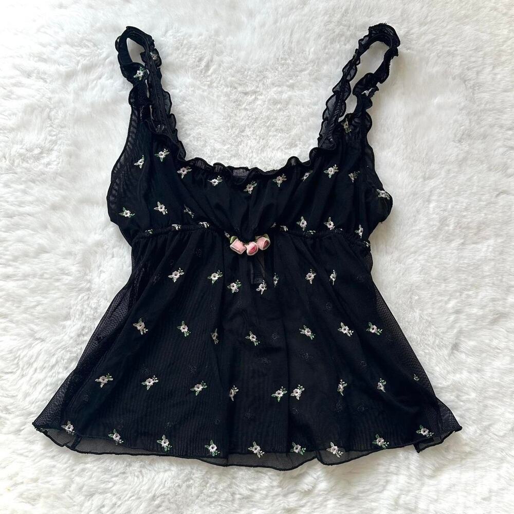 VTG 2004 Victoria’s Secret Black Floral Babydoll Tank Top Medium Coquette Y2K